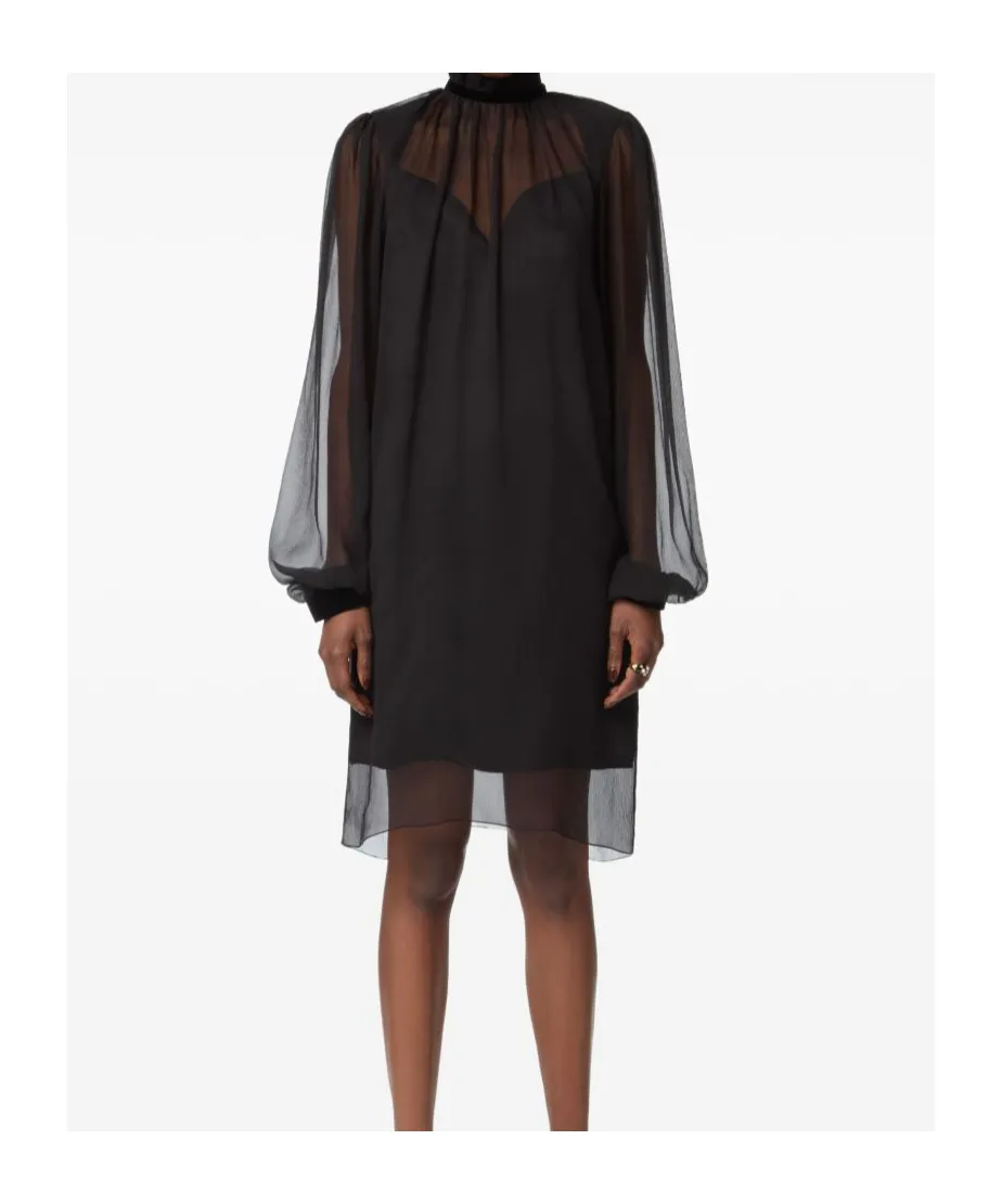 High-Neck Balloon-Sleeve Mini Dress