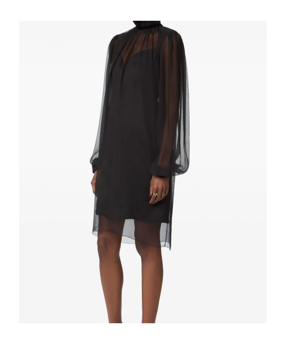 High-Neck Balloon-Sleeve Mini Dress