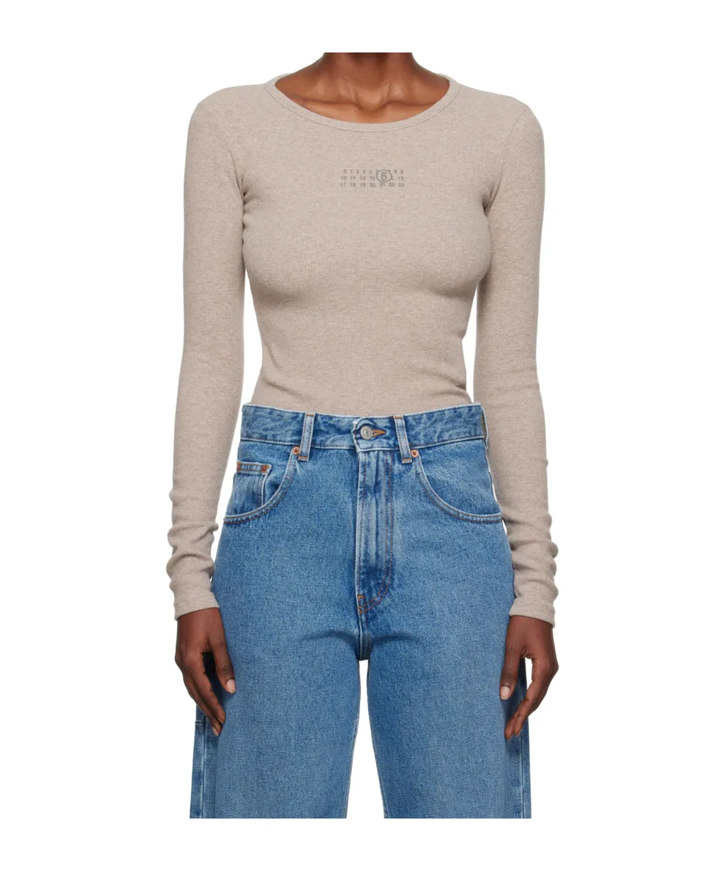 Taupe Wool-Blend Rib Jersey Long-Sleeved T-Shirt