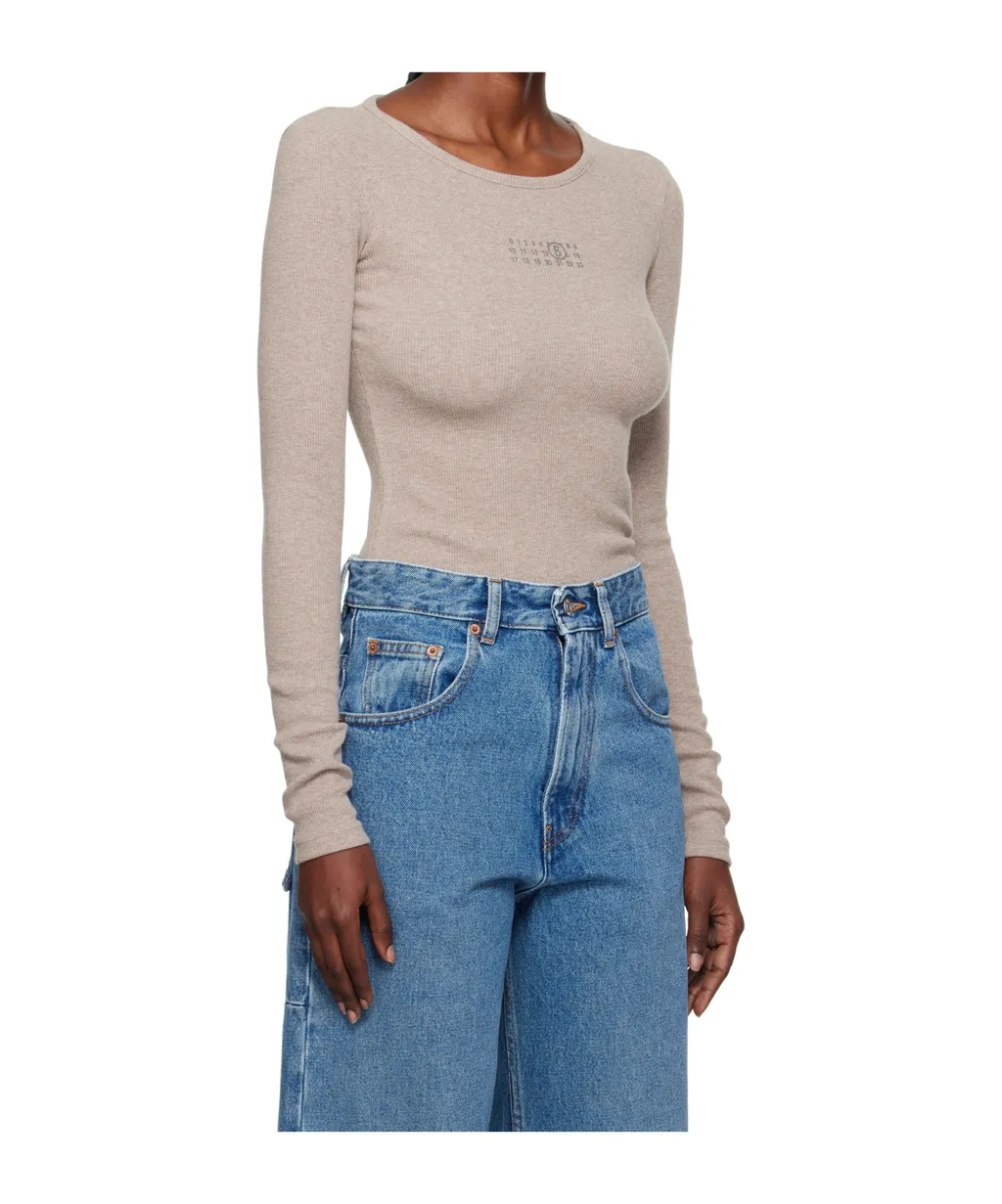 Taupe Wool-Blend Rib Jersey Long-Sleeved T-Shirt