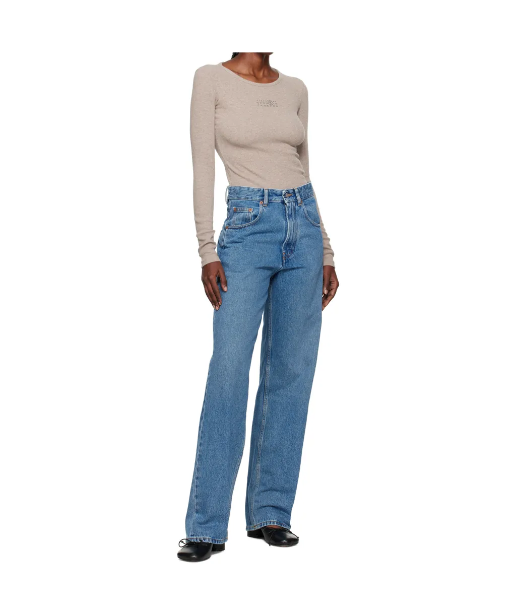 Taupe Wool-Blend Rib Jersey Long-Sleeved T-Shirt