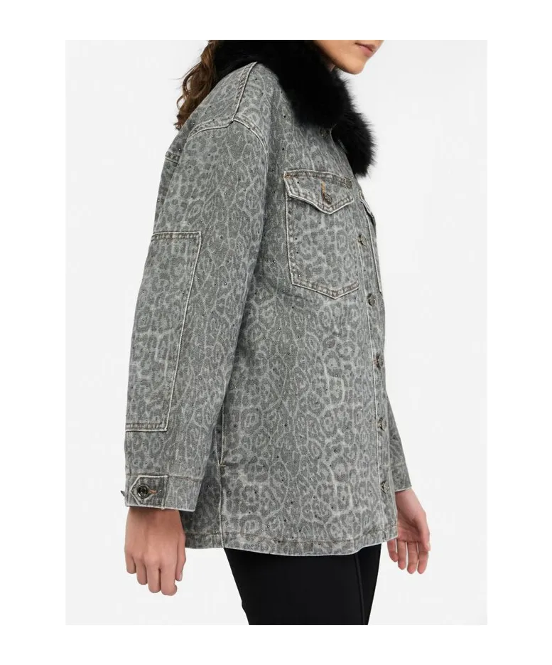 Liu Jo Leopard Printed Faux Fur-Collar Jacket