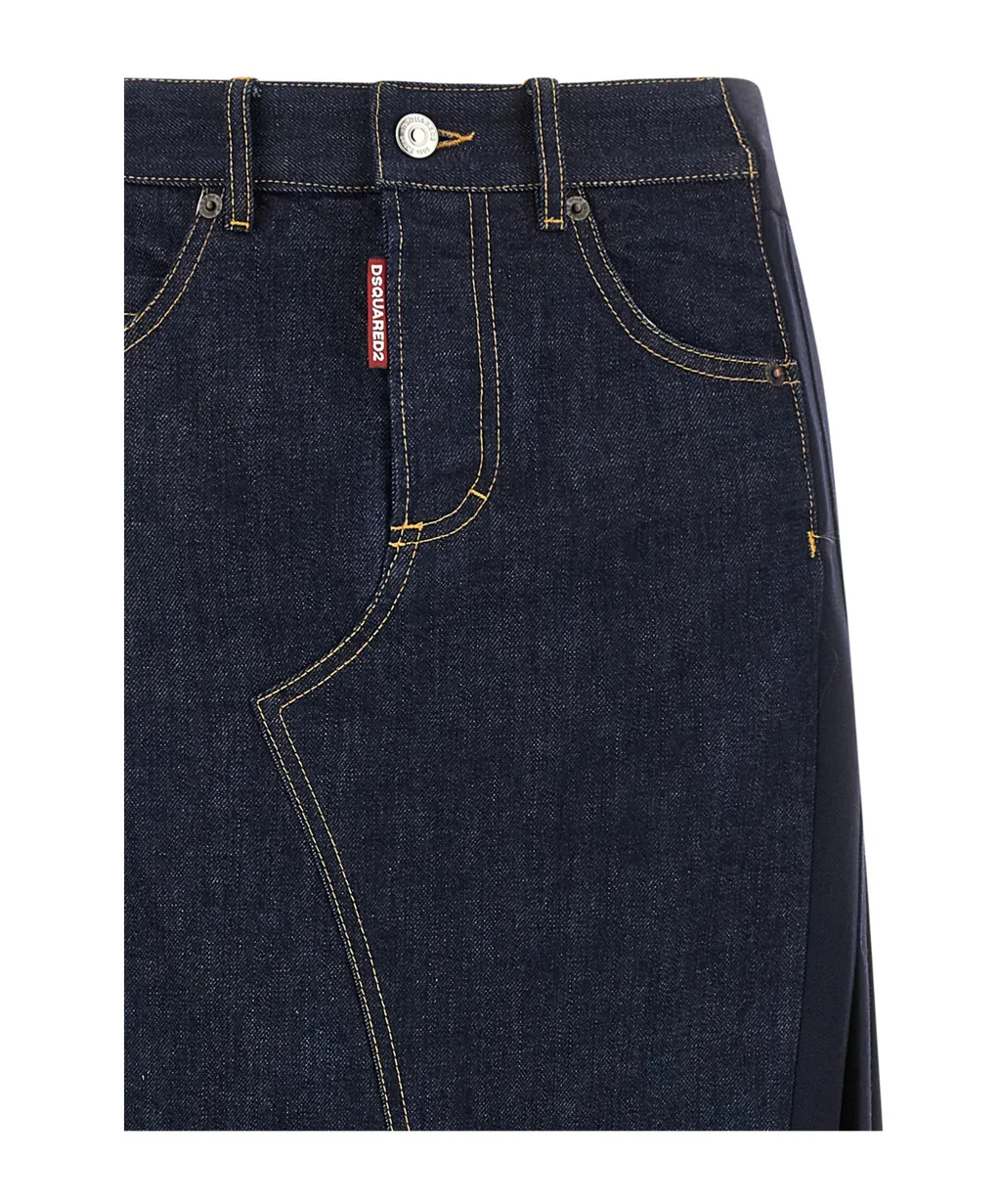 Denim-Insert Pleated Skirt