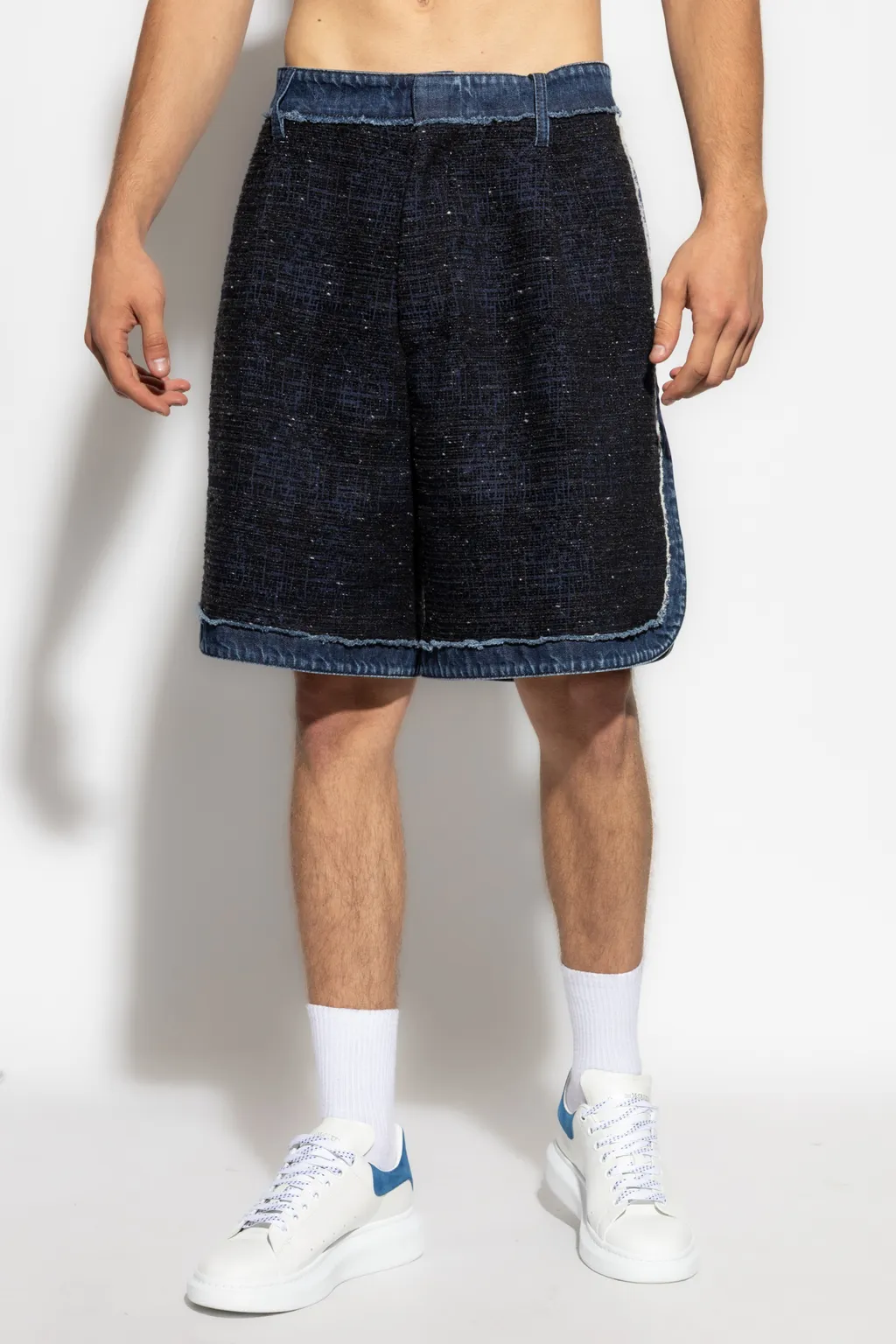 Denim-Trimmed Tweed Shorts