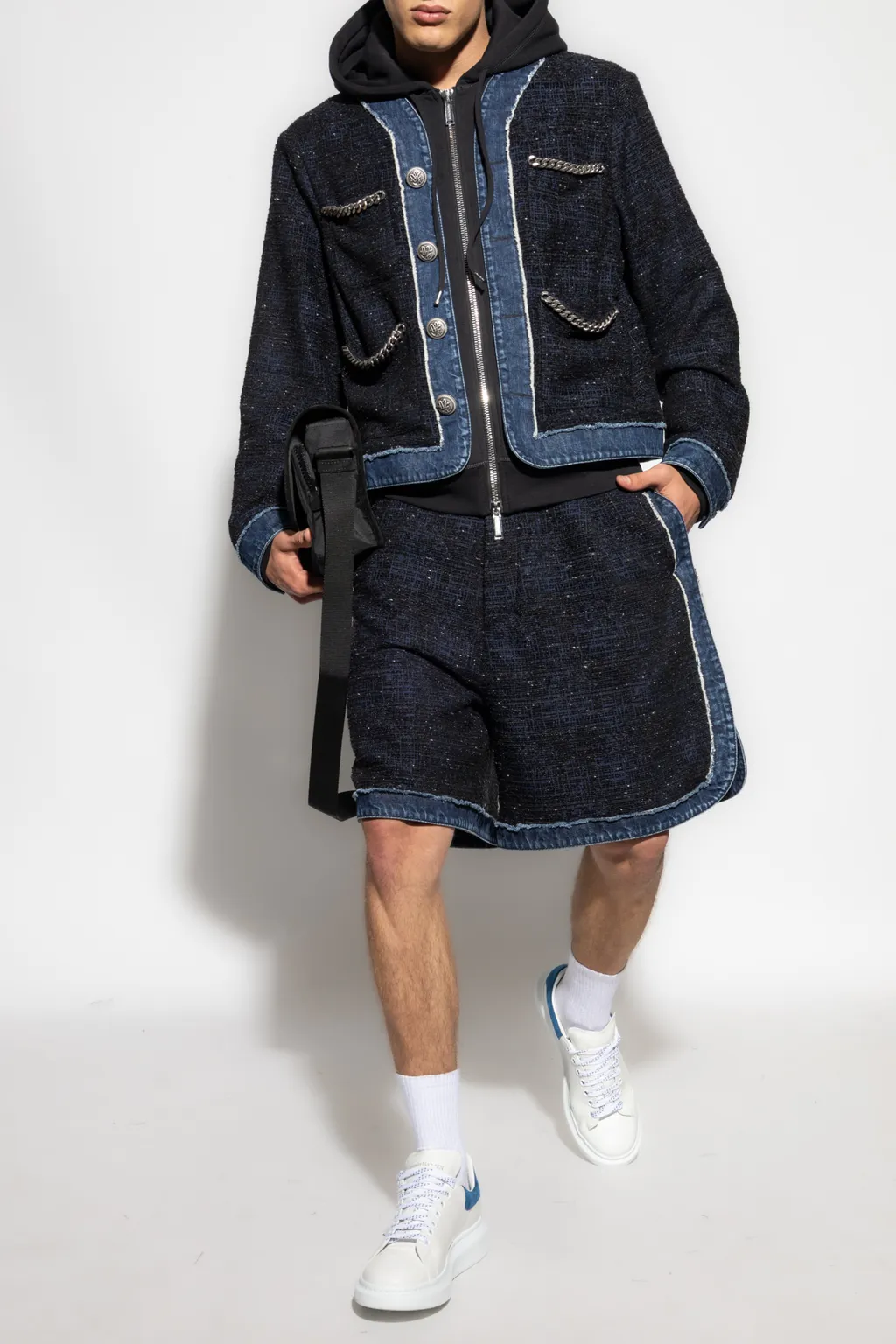 Denim-Trimmed Tweed Shorts