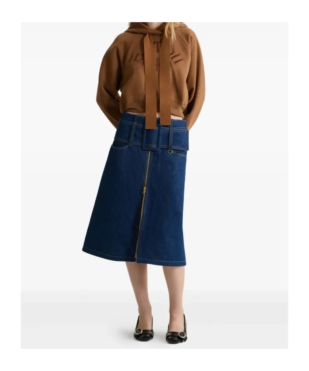 Zip-Front Belted Denim Skirt