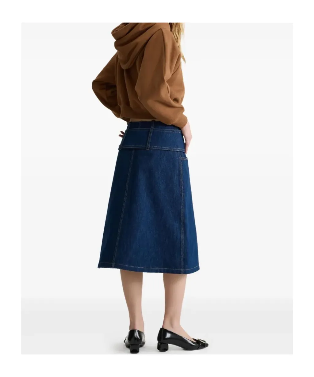 Zip-Front Belted Denim Skirt