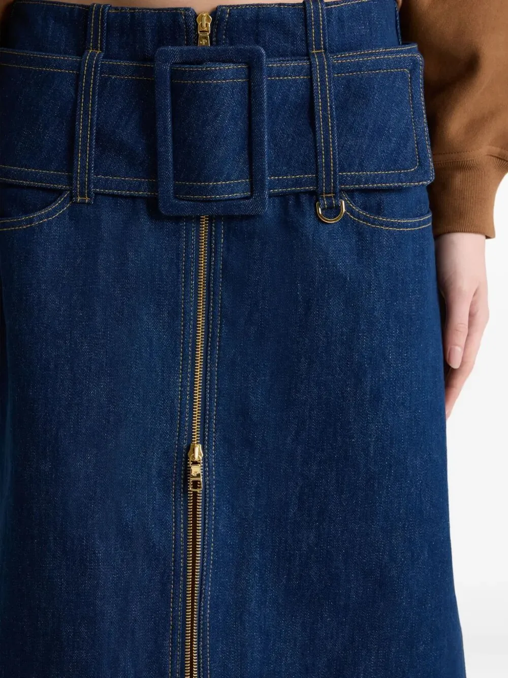 Zip-Front Belted Denim Skirt
