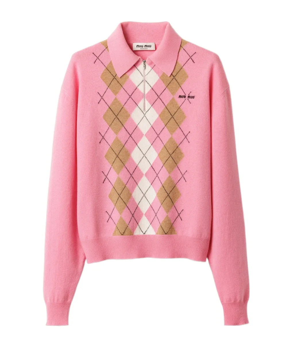 Miu Miu Check-Pattern Long-Sleeved Polo Jumper