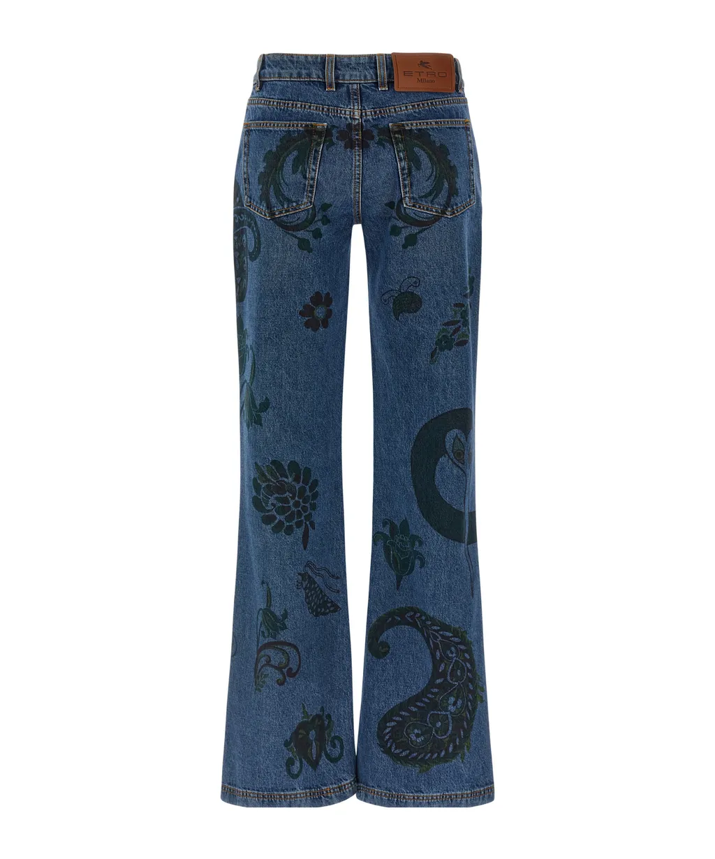 Flared Jeans With Flower And Bee Print