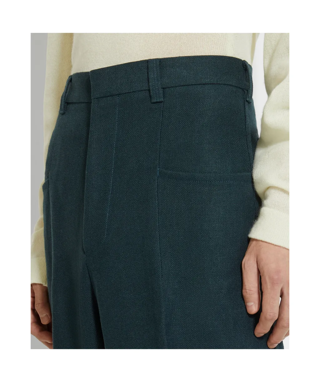 Dark Teal Blue Oasi Lino Pants