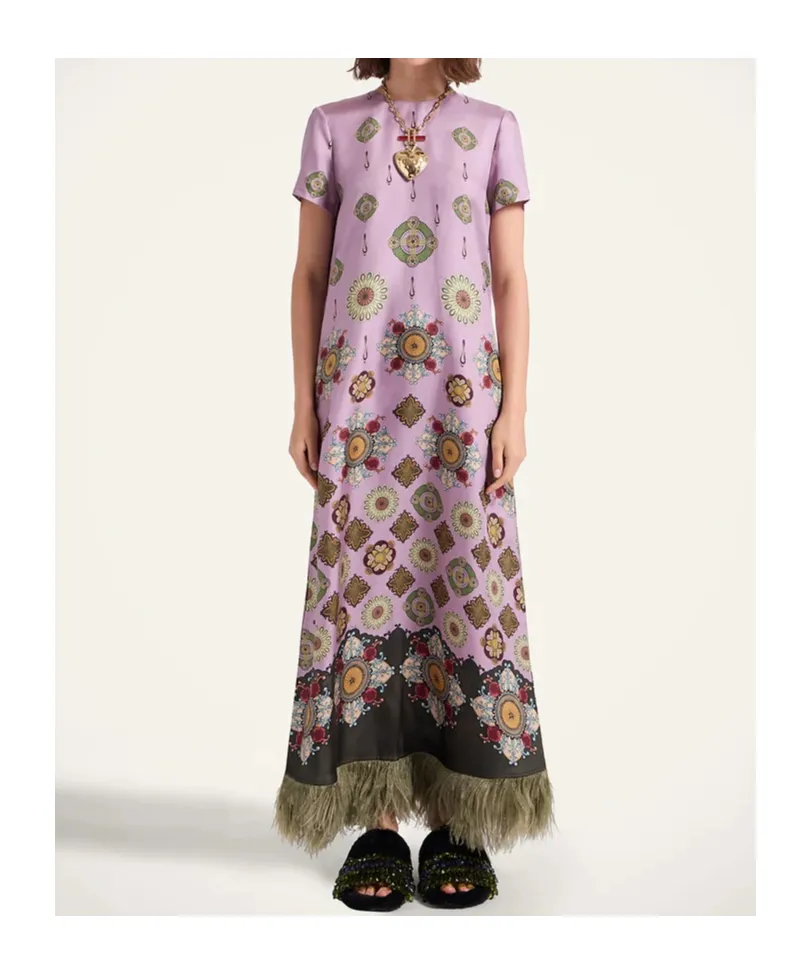 Swing Feather-Trimmed Maxi Dress