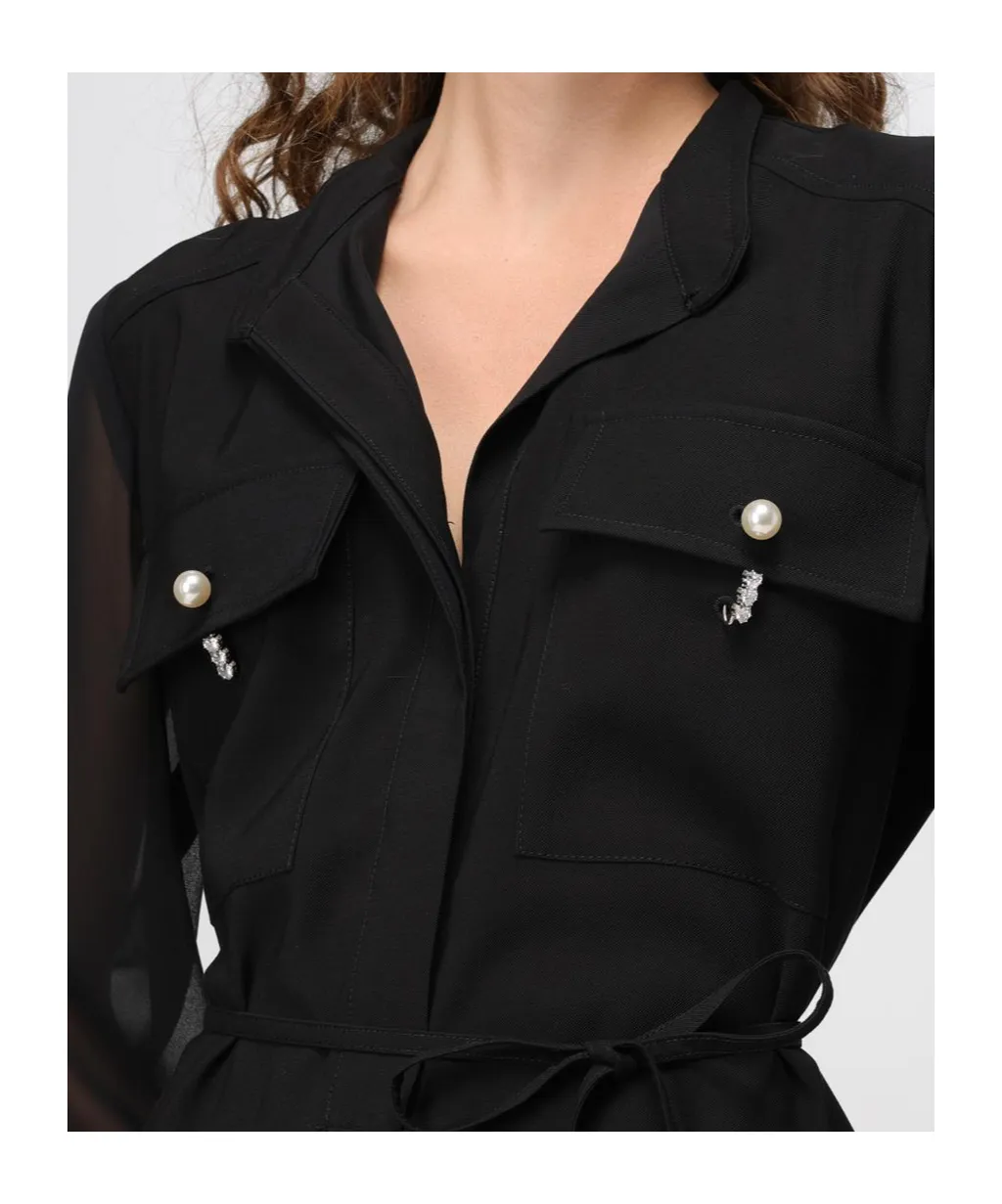 Faux-Pearl Embellished Shirt Dress
