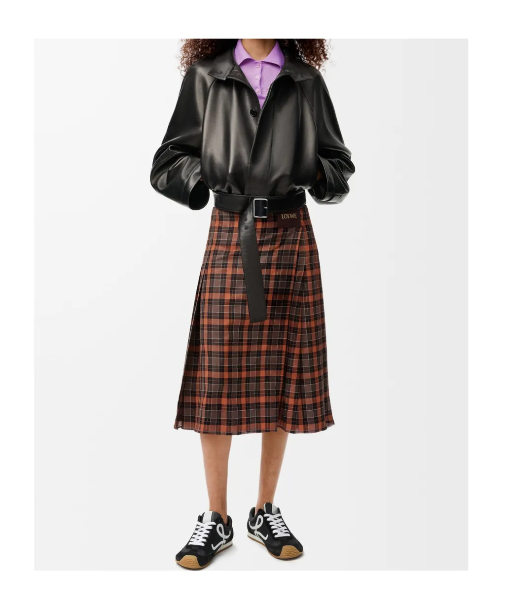 Pleated Plaid-Pattern Midi Skirt