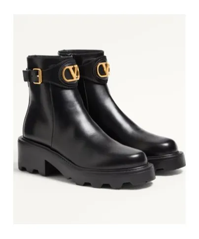 Valentino Logo Plaque Buckle Detailed Ankle Boots