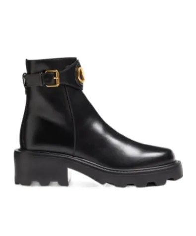 Valentino Logo Plaque Buckle Detailed Ankle Boots