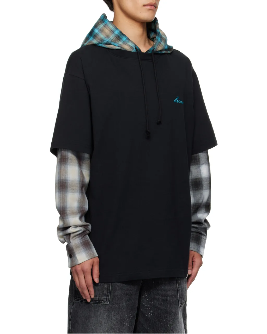 Plaid-Paneled Hooded Top