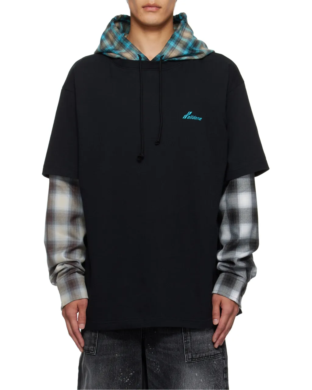 Plaid-Paneled Hooded Top