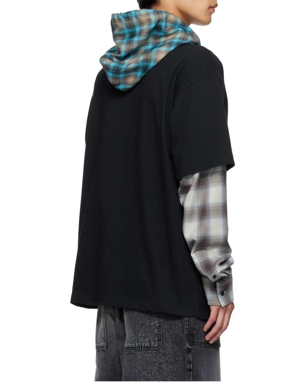 Plaid-Paneled Hooded Top
