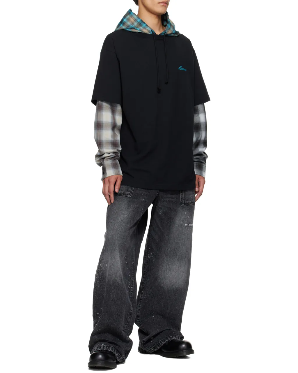Plaid-Paneled Hooded Top