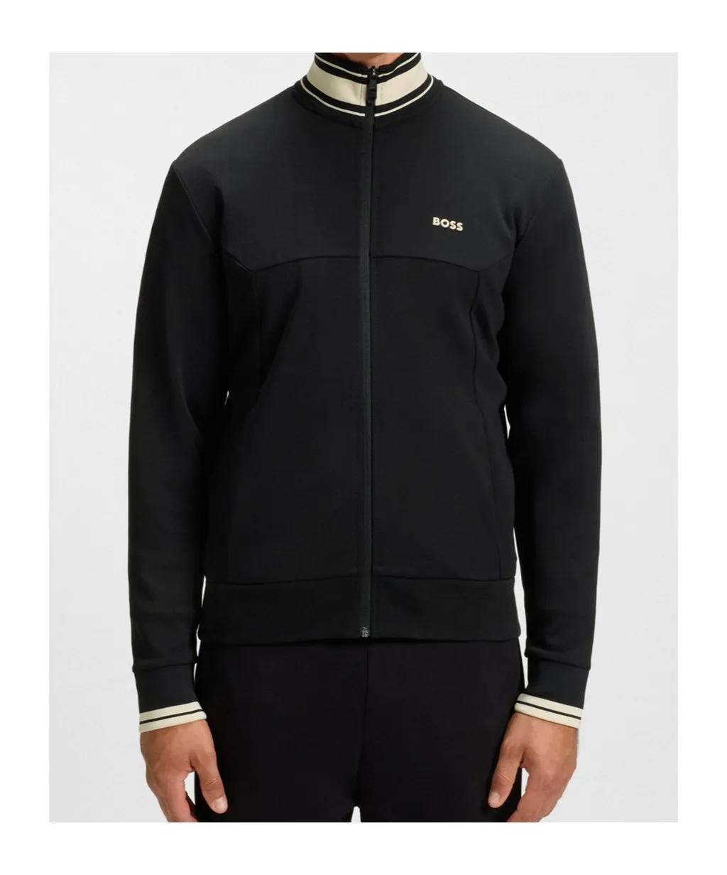 Striped-Collar Zip-Up Sweater