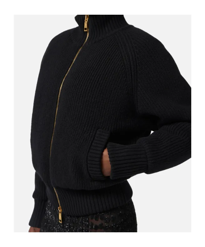 Ribbed-Knit Zip-Front Bomber Jacket