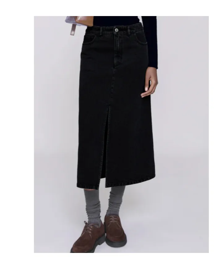 Split-Front Denim Midi Skirt