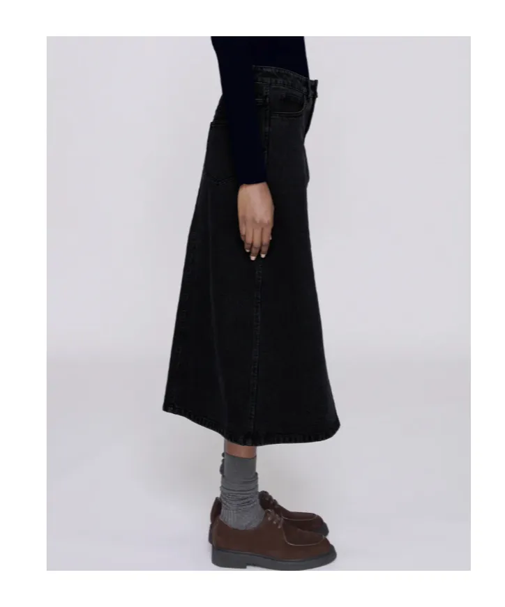 Split-Front Denim Midi Skirt
