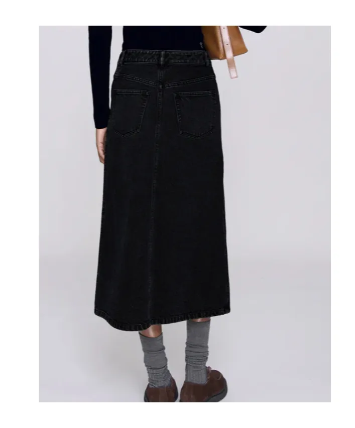 Split-Front Denim Midi Skirt