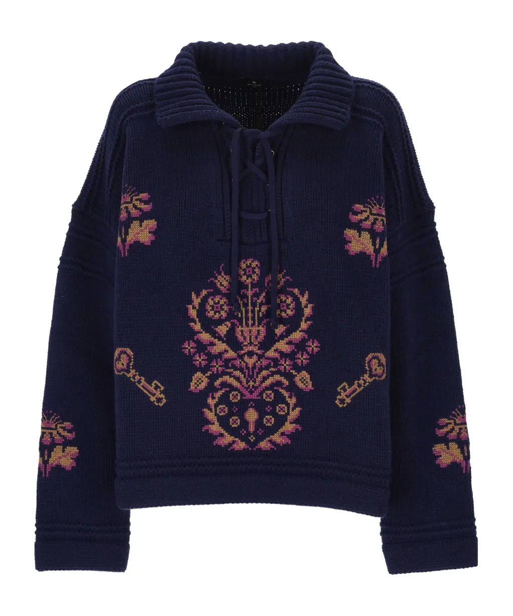Lace-Up Embroidered Sweater