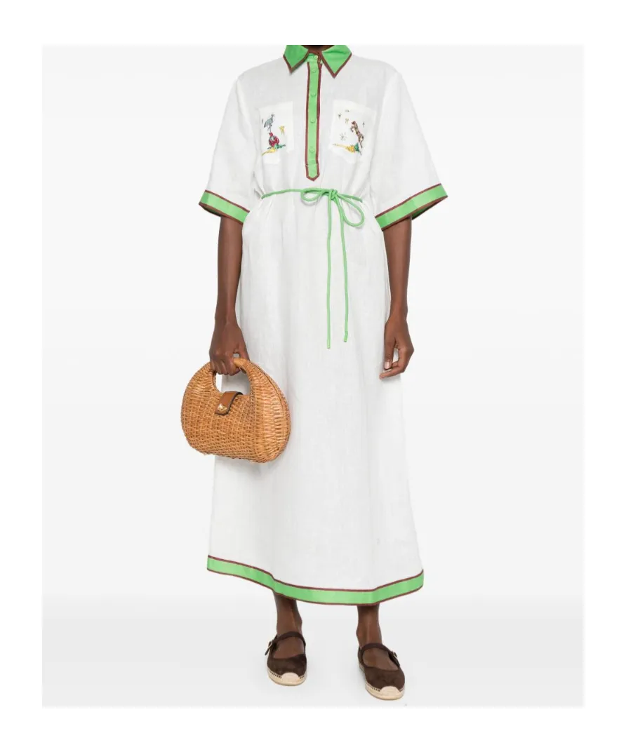 Contrast-Trim Linen Dress