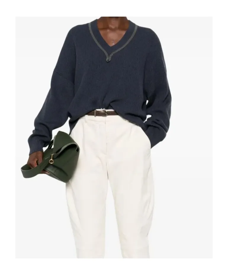 Monili-Trim V-Neck Cashmere Top