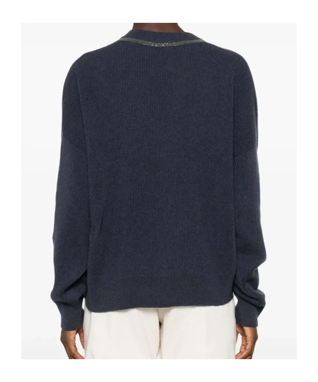 Monili-Trim V-Neck Cashmere Top