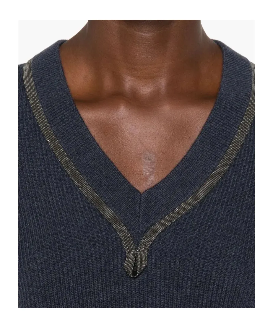 Monili-Trim V-Neck Cashmere Top