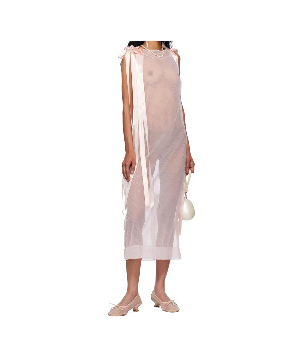 Sheer Bow Ribbon Tail Midi Dress