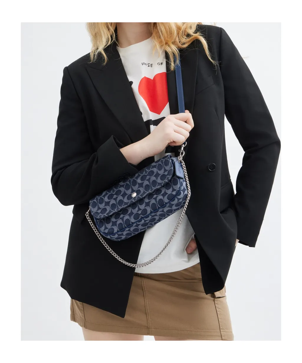Bolsa Brook Flap Chain Signature Denim Coach - Azul