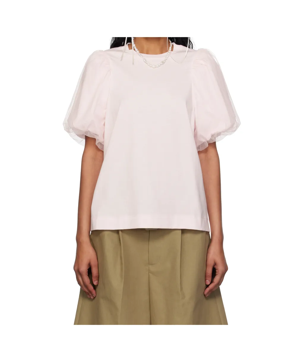 Tulle-Overlay Puff Sleeve T-Shirt