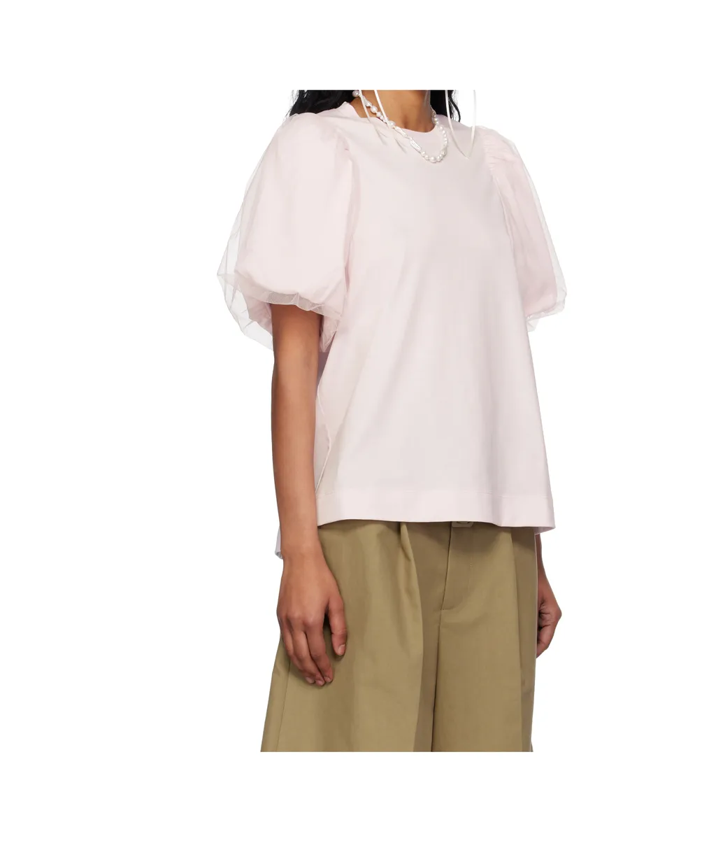 Tulle-Overlay Puff Sleeve T-Shirt
