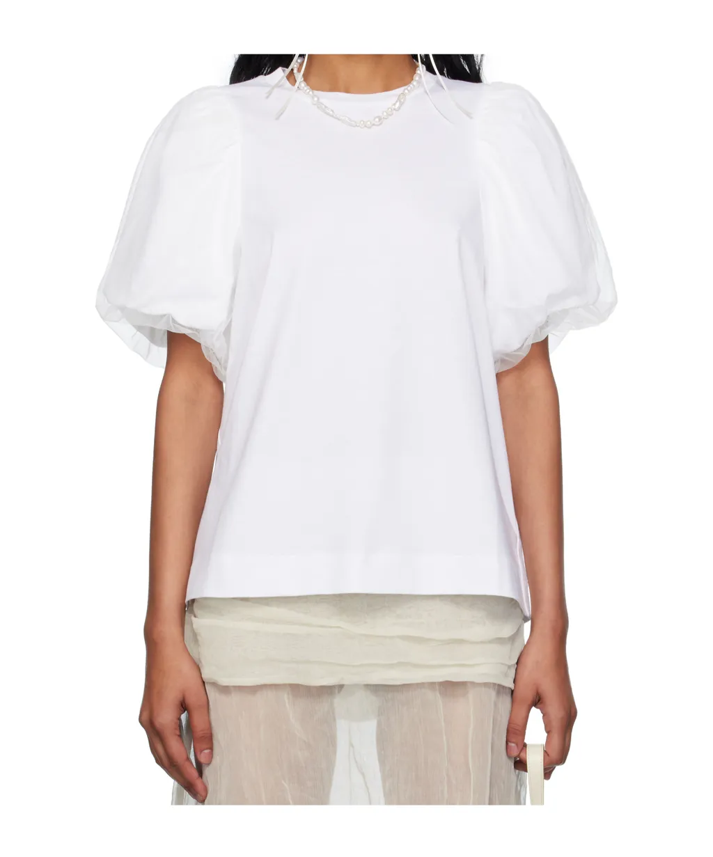 Tulle-Overlay Puff Sleeve T-Shirt