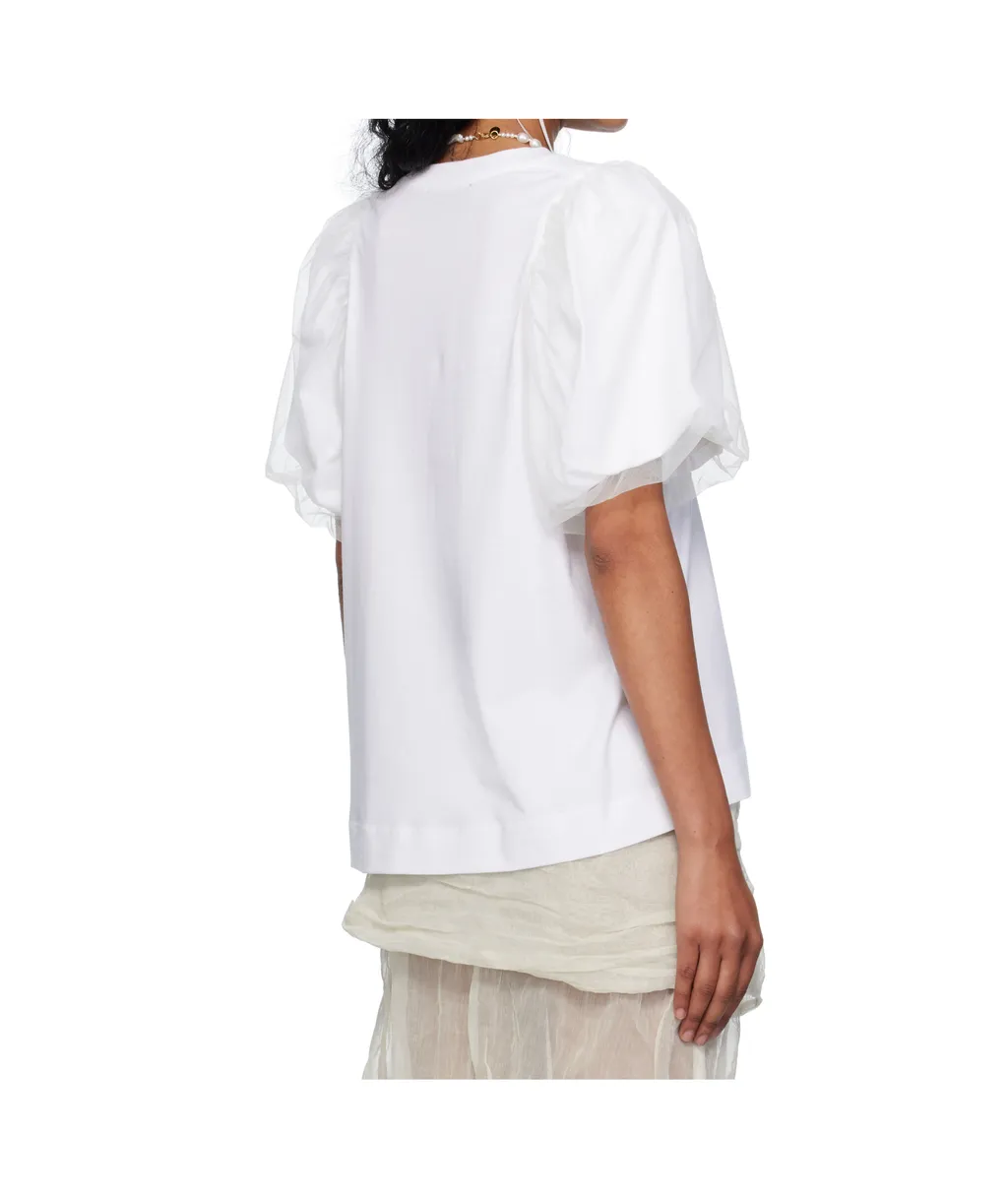 Tulle-Overlay Puff Sleeve T-Shirt