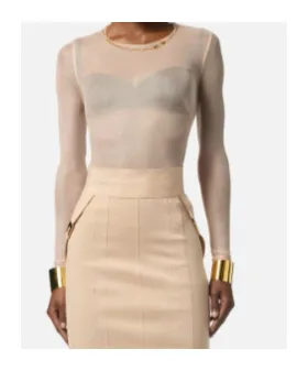 Necklace-Embellished Sheer Bodysuit