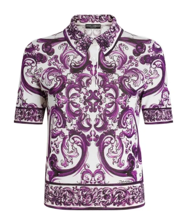 Majolica-Print Silk Polo Top