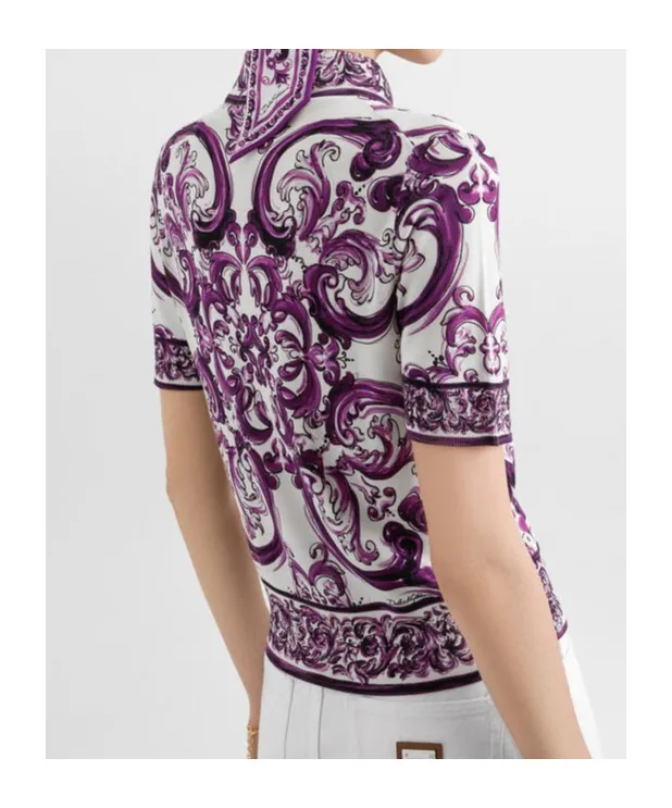 Majolica-Print Silk Polo Top