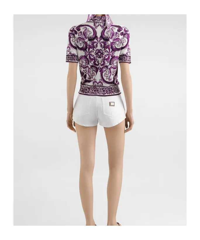 Majolica-Print Silk Polo Top