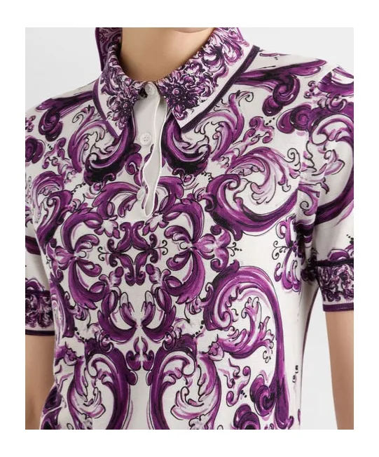 Majolica-Print Silk Polo Top