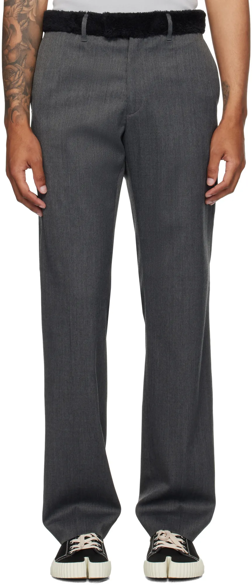 Gray Fleece Trim Trousers