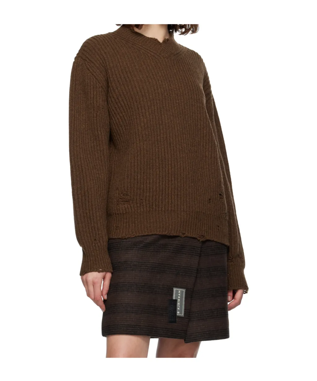 Ribbed V-Neck Distressed Sweater