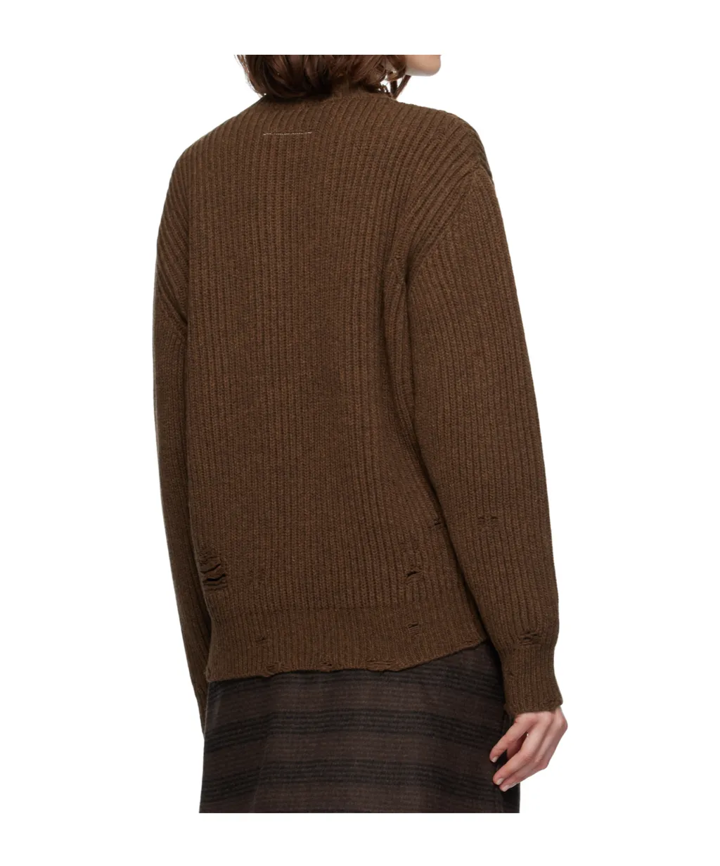 Ribbed V-Neck Distressed Sweater