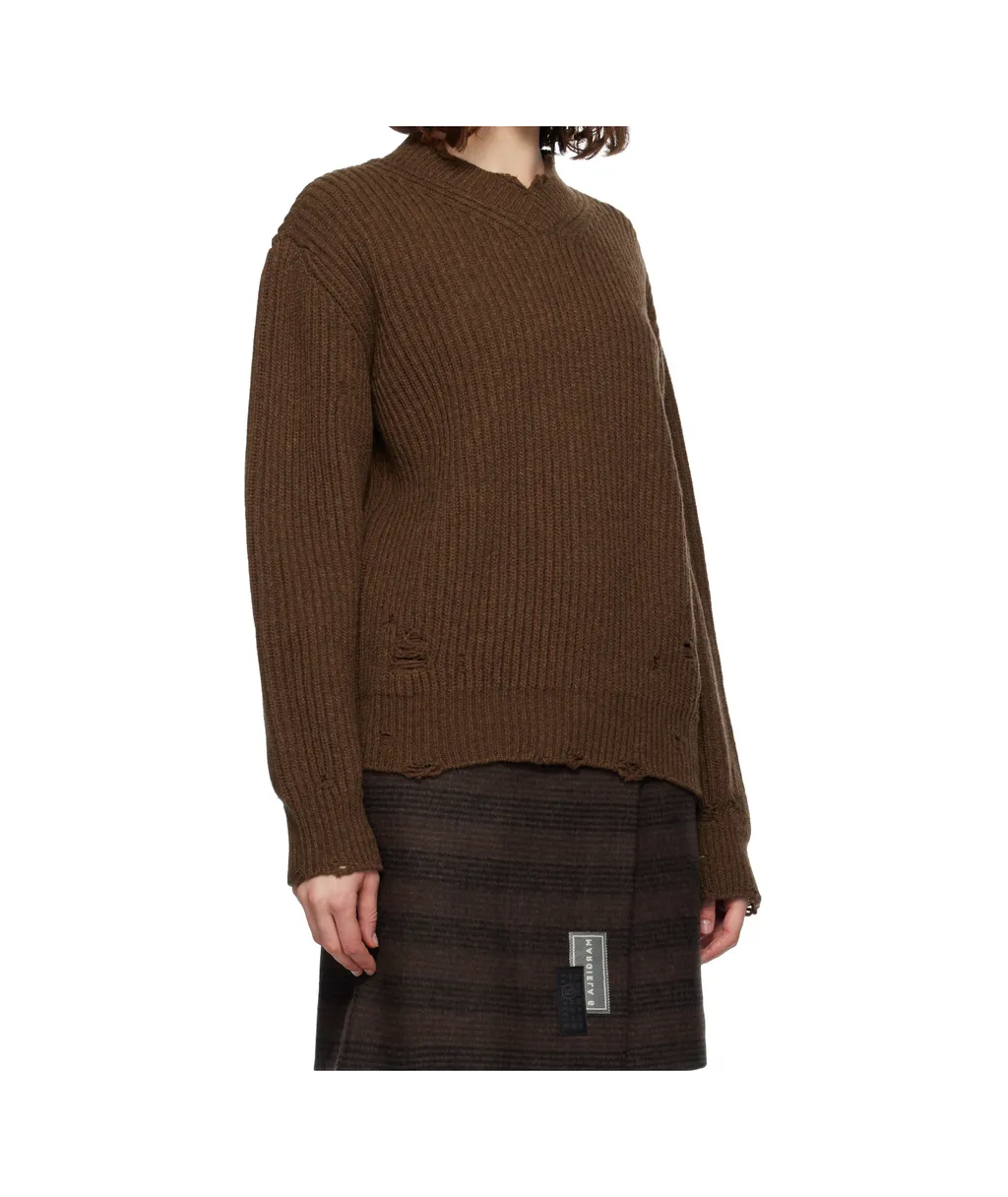 Ribbed V-Neck Distressed Sweater