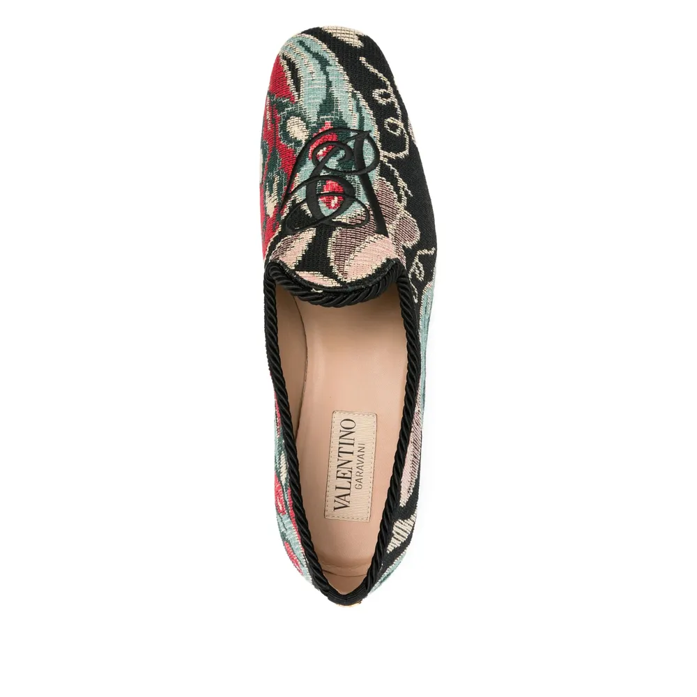 Floral-Patterned Rope-Trimmed Loafers
